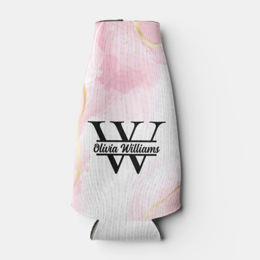 Roze marmeren monogram | Girly Modern Gold Glitter Flesjeskoeler (Voorkant)