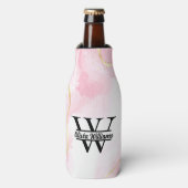 Roze marmeren monogram | Girly Modern Gold Glitter Flesjeskoeler (Fles Voorkant)