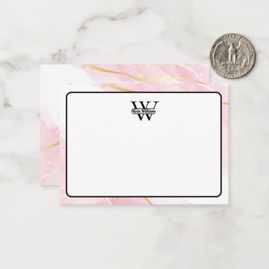 Roze marmeren monogram | Girly Modern Gold Glitter Notitiekaartje (Voorkant / Achterkant in situ)