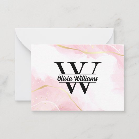 Roze marmeren monogram | Girly Modern Gold Glitter Notitiekaartje (Achterkant)