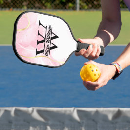 Roze marmeren monogram | Girly Modern Gold Glitter Pickleball Paddle