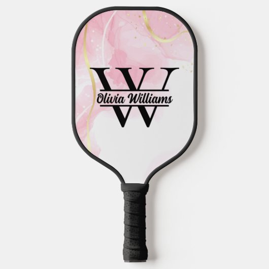 Roze marmeren monogram | Girly Modern Gold Glitter Pickleball Paddle (Voorkant)