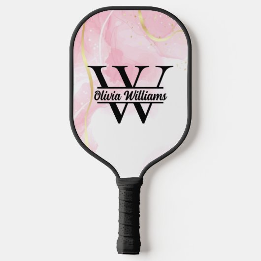 Roze marmeren monogram | Girly Modern Gold Glitter Pickleball Paddle (Achterkant)