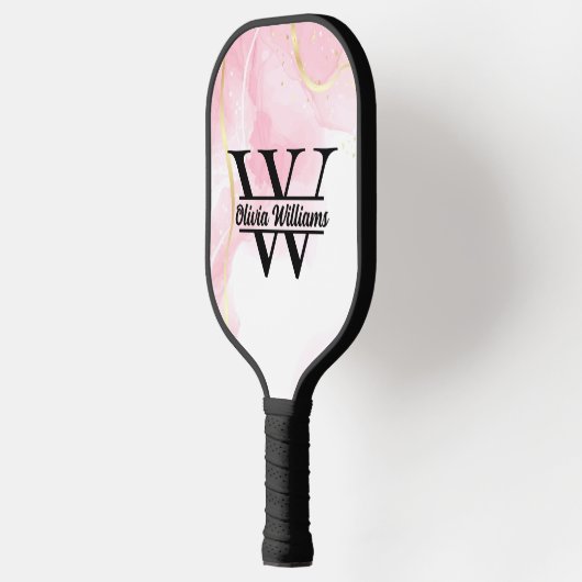 Roze marmeren monogram | Girly Modern Gold Glitter Pickleball Paddle (Links)