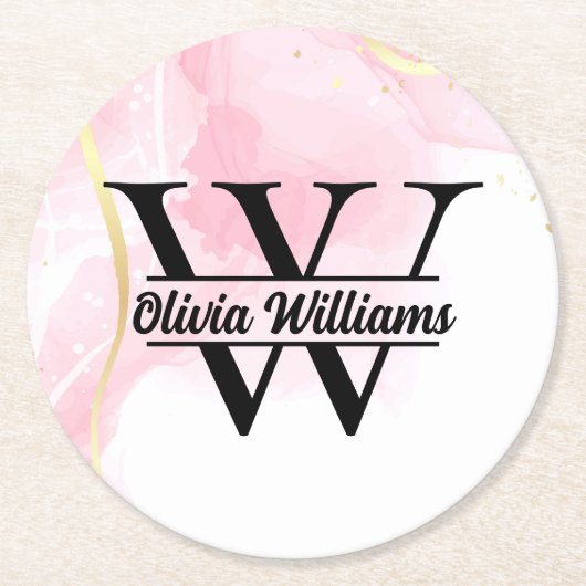 Roze marmeren monogram | Girly Modern Gold Glitter Ronde Kartonnen Onderzetter (Voorkant)