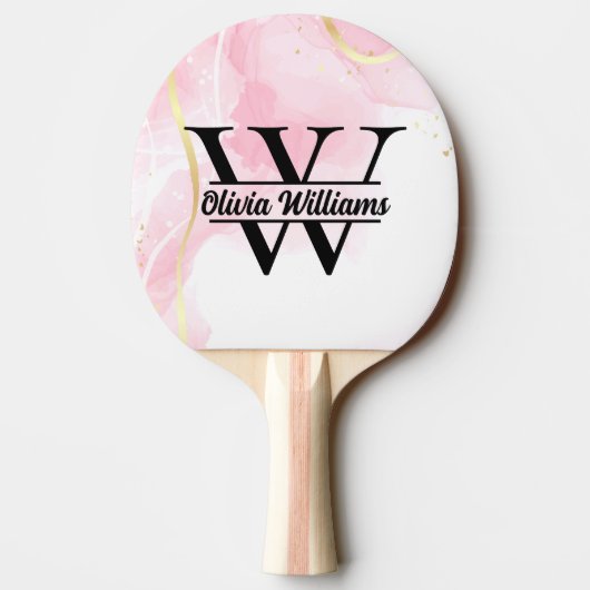 Roze marmeren monogram | Girly Modern Gold Glitter Tafeltennisbatje (Achterkant)