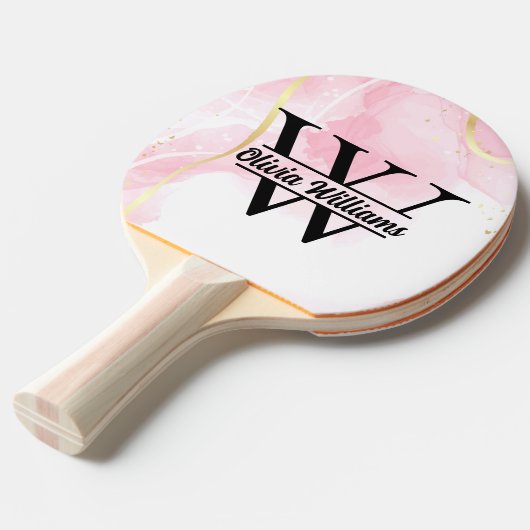 Roze marmeren monogram | Girly Modern Gold Glitter Tafeltennisbatje (Voorkant Gekanteld)