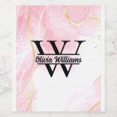 Roze marmeren monogram | Girly Modern Gold Glitter Wijn Etiket (Enkel label)