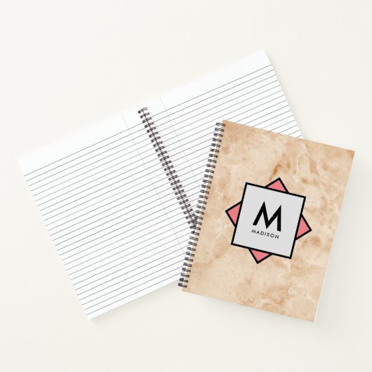 Roze Marmeren Rotstextuur met Naam en Monogram op Notitieboek (Binnen)