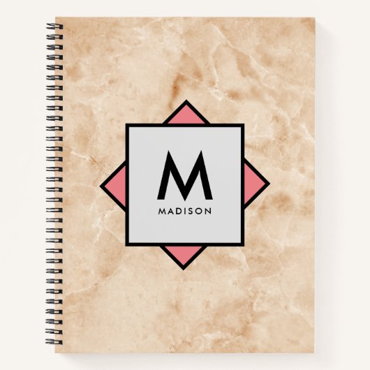 Roze Marmeren Rotstextuur met Naam en Monogram op Notitieboek (Voorkant)