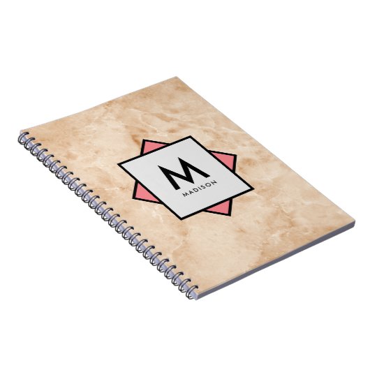 Roze Marmeren Rotstextuur met Naam en Monogram op Notitieboek (Rechterzijde)