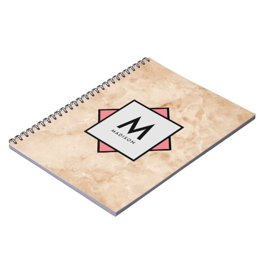Roze Marmeren Rotstextuur met Naam en Monogram op Notitieboek (Linkerzijde)