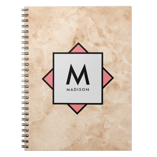 Roze Marmeren Rotstextuur met Naam en Monogram op Notitieboek (Voorkant)