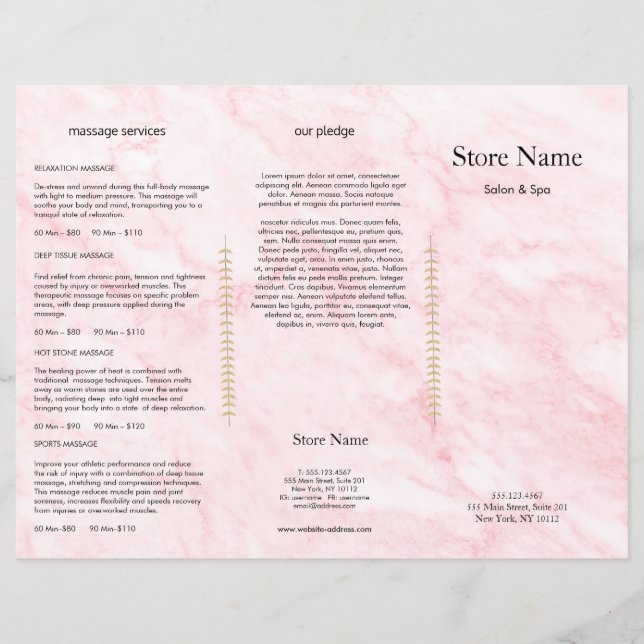 Roze Marmeren Schoonheidssalon Trifold Bruchure (Voorkant)