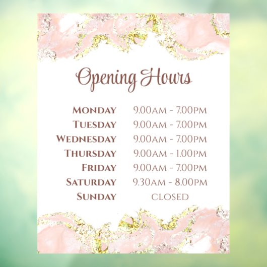 Roze marmering ontwerp openingstijden venster cing raamsticker (Vel 3)