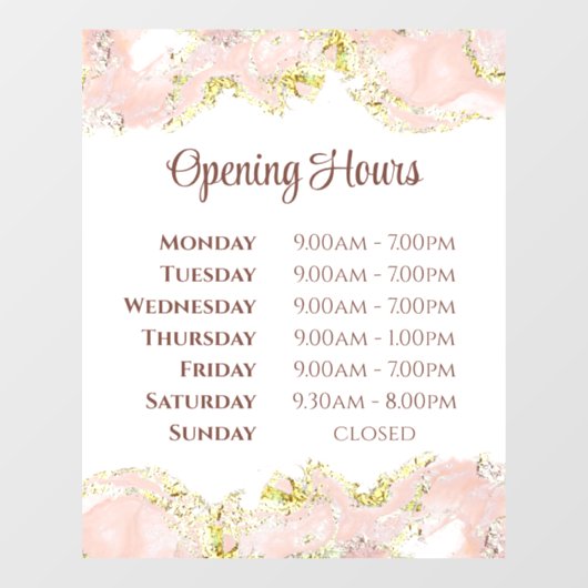 Roze marmering ontwerp openingstijden venster cing raamsticker (Vel)