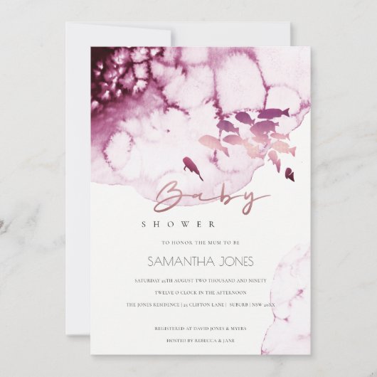 Roze maroon Onderwater Zee Vis Baby shower uitnodi Bedankkaart (Voorkant)