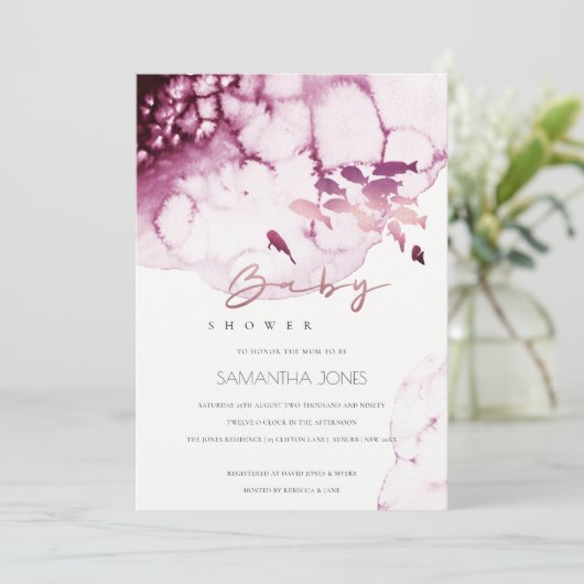 Roze maroon Onderwater Zee Vis Baby shower uitnodi Bedankkaart (Staand voorkant)