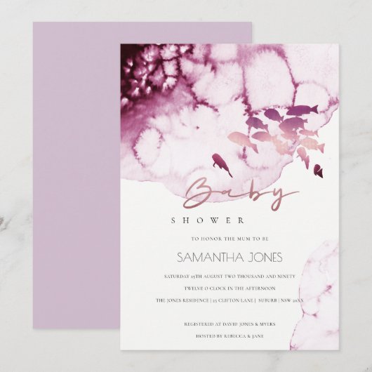 Roze maroon Onderwater Zee Vis Baby shower uitnodi Bedankkaart (Voorkant / Achterkant)