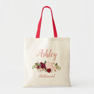 Roze Marsala Aangepersonaliseerde Floral Bridesmai Tote Bag