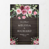 Roze Marsala Bloemen Ampersand Hout QR Code Bruilo Drieluik Uitnodiging (Cover)