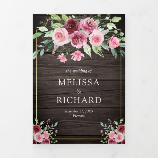 Roze Marsala Bloemen Ampersand Hout QR Code Bruilo Drieluik Uitnodiging (Cover)