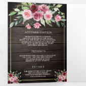 Roze Marsala Bloemen Ampersand Hout QR Code Bruilo Drieluik Uitnodiging (Binnenzijde eerst)