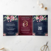 Roze Marsala Bloemen Ampersand Navy QR Code Bruilo Drieluik Uitnodiging (Binnen)