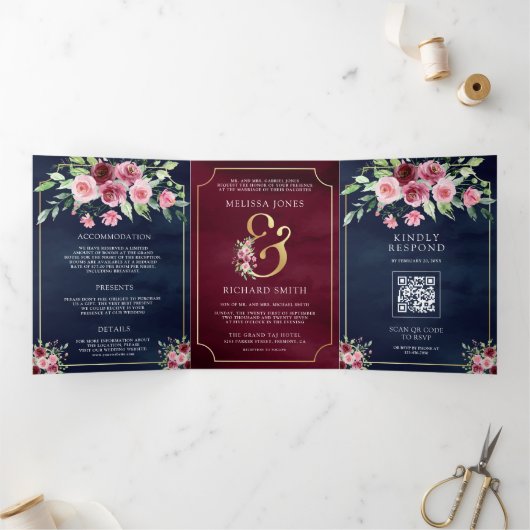 Roze Marsala Bloemen Ampersand Navy QR Code Bruilo Drieluik Uitnodiging (Binnen)