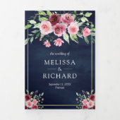 Roze Marsala Bloemen Ampersand Navy QR Code Bruilo Drieluik Uitnodiging (Cover)