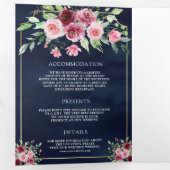 Roze Marsala Bloemen Ampersand Navy QR Code Bruilo Drieluik Uitnodiging (Binnenzijde eerst)