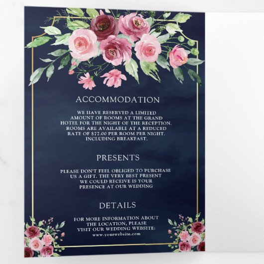 Roze Marsala Bloemen Ampersand Navy QR Code Bruilo Drieluik Uitnodiging (Binnenzijde eerst)