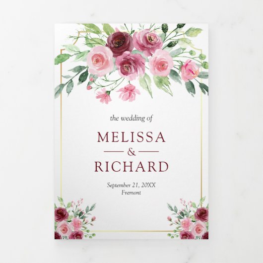 Roze Marsala Bloemen Ampersand QR Code Bruiloft Drieluik Uitnodiging (Cover)