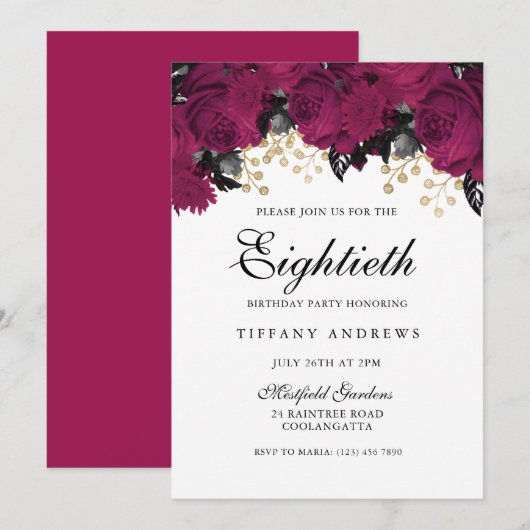 Roze Marsala Flowers 80th Birthday Party Invite Kaart (Voorkant / Achterkant)