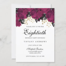 Roze Marsala Flowers 80th Birthday Party Invite