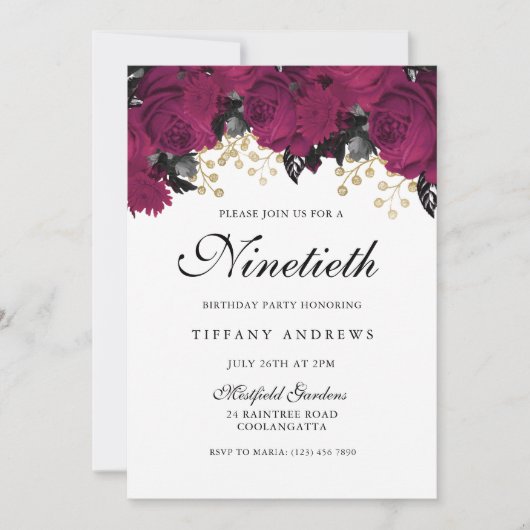 Roze Marsala Flowers 90th Birthday Party Invite Kaart (Voorkant)