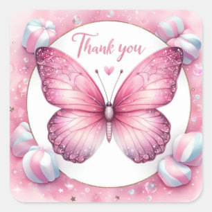 Roze Marshmallow Snoep Vlinder - Dank je wel - Vierkante Sticker