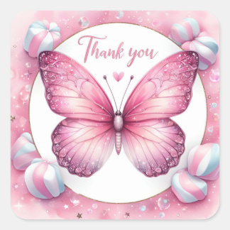 Roze Marshmallow Snoep Vlinder - Dank u - Vierkante Sticker
