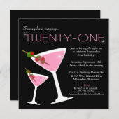 Roze Martini 21st Birthday Party Invitation Kaart (Voorkant / Achterkant)