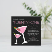 Roze Martini 21st Birthday Party Invitation Kaart (Staand voorkant)