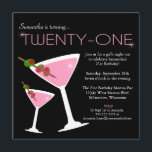 Roze Martini 21st Birthday Party Invitation Kaart<br><div class="desc">Onze Pink Martini 21st Birthday Party nodigt uit om glitzy roze martinis met olijfresten en  roze "21" tekst op een dramatische zwarte achtergrond te plaatsen.</div>