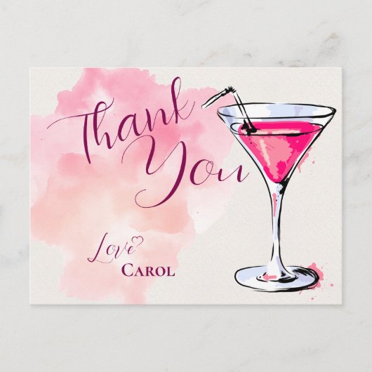 Roze Martini Cocktail Party Hartelijk dank Briefkaart (Voorkant)