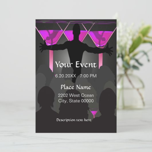 Roze Martini Dames Night Cocktails Uitnodiging (Staand voorkant)