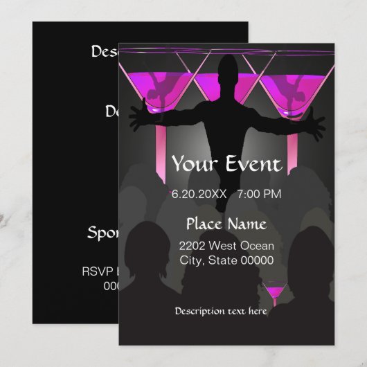 Roze Martini Dames Night Cocktails Uitnodiging (Voorkant / Achterkant)