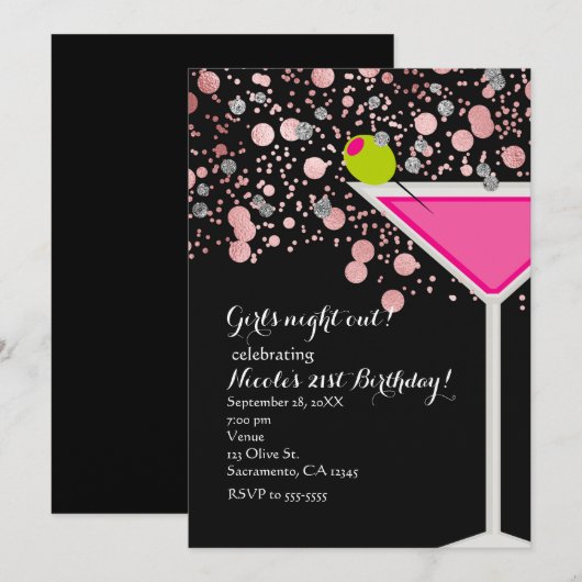 Roze Martini-drank met olijfconfetti-feest Kaart (Voorkant / Achterkant)