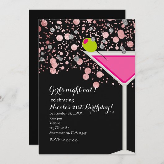 Roze Martini-drank met olijfconfetti-feestje Kaart (Voorkant / Achterkant)