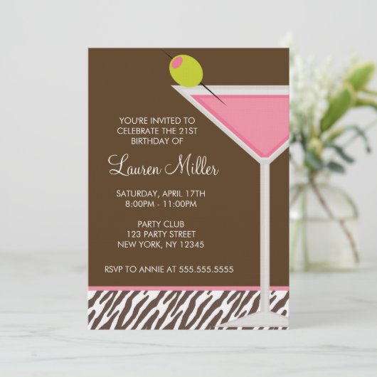 Roze Martini en Zebra Pattern Kaart (Staand voorkant)