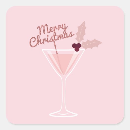 Roze Martini Kerstmis Vierkante Sticker (Voorkant)