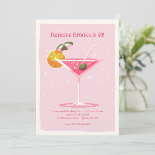 Roze Martini uitnodiging (Staand voorkant)