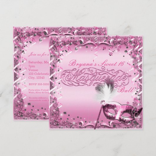 Roze Maskerade Masker Elegant Ball Party Kaart (Voorkant / Achterkant)